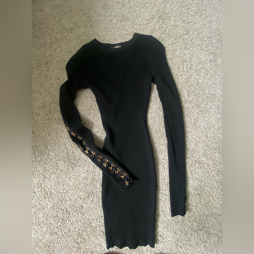 Gold Detail long sleeve body con dress